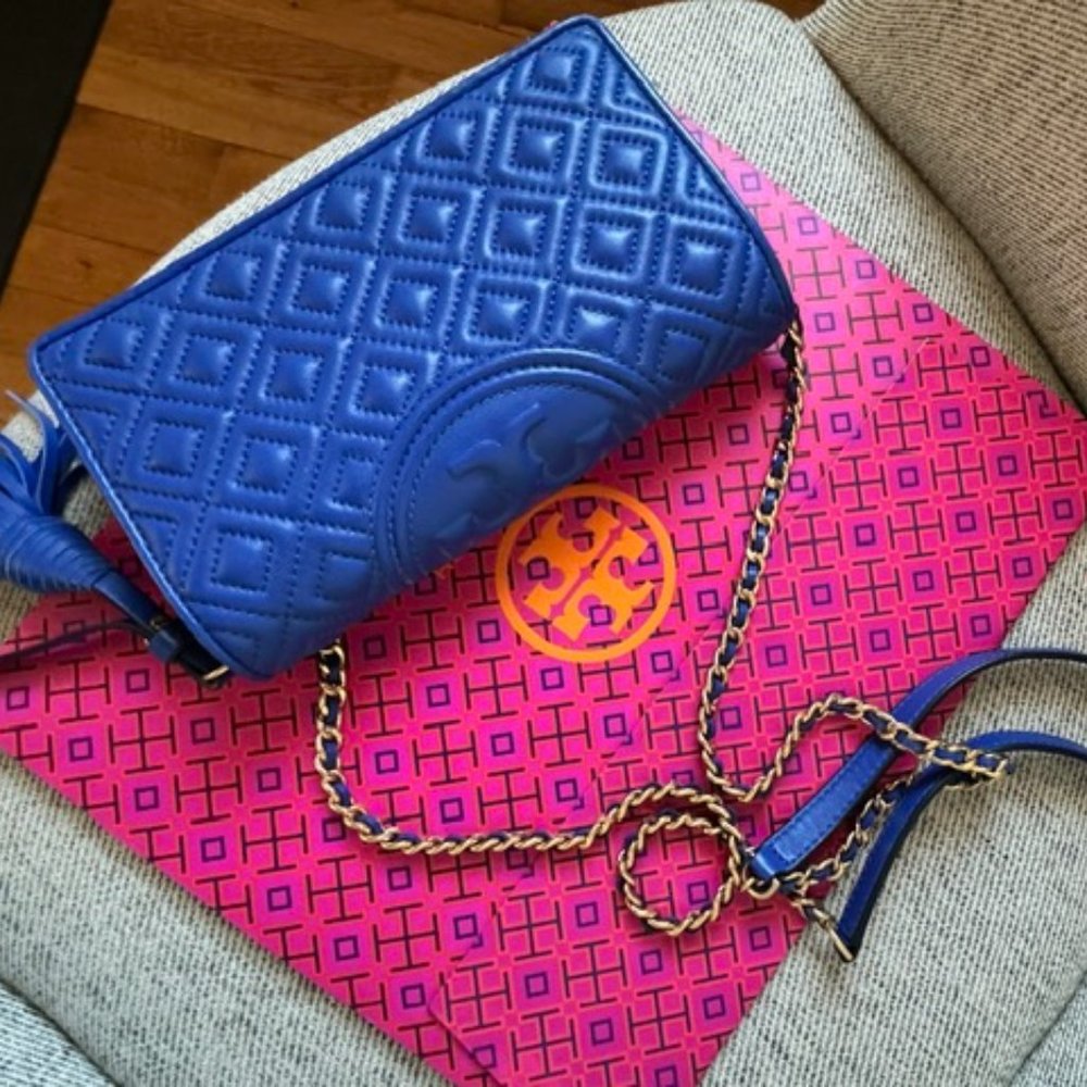 Tory Burch Royal Blue Quilted Fleming Leather Crossbody Bag
